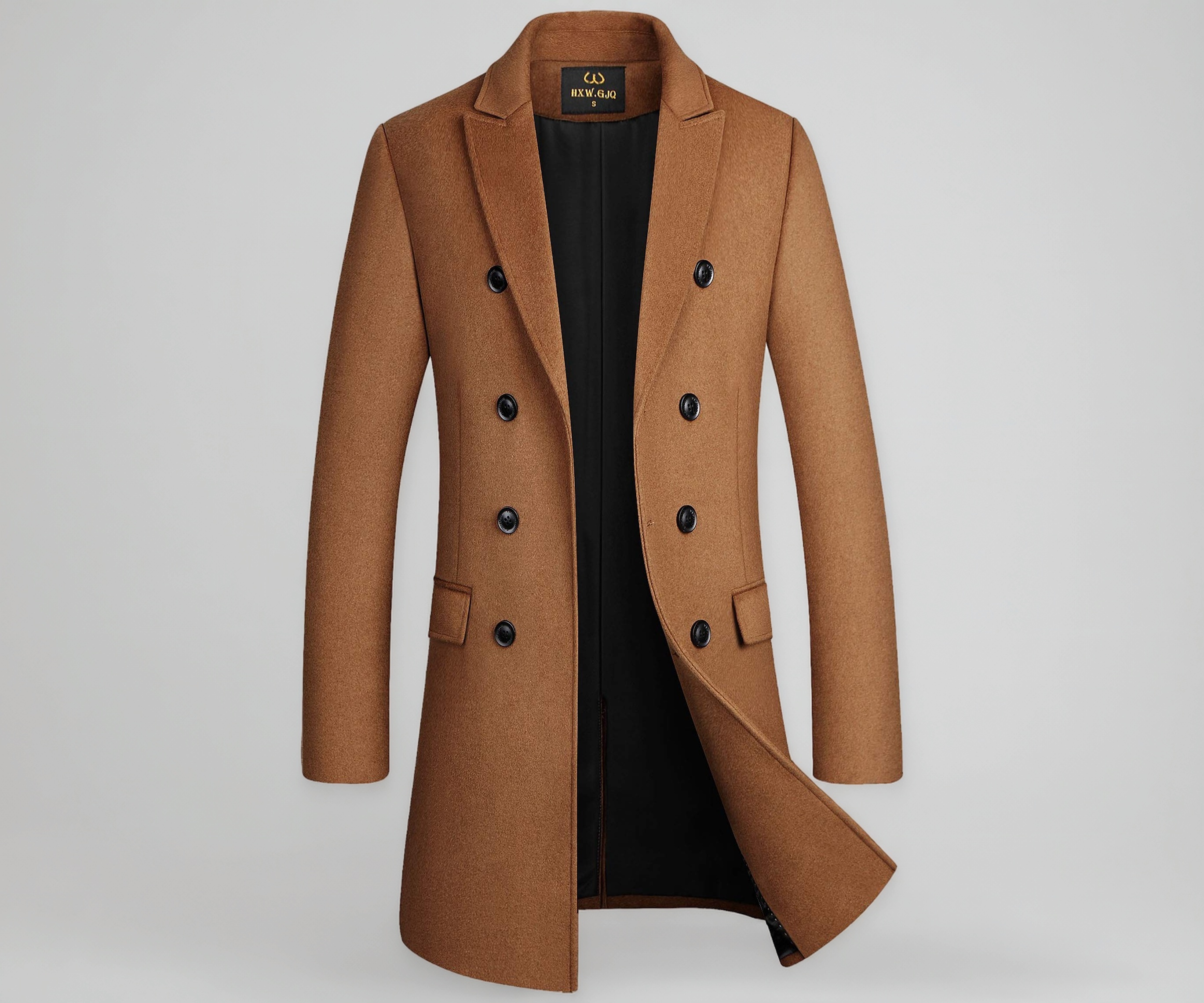 Buy HXW.GJQ Men's Premium Wool Blend Double Breasted Long Pea Coat